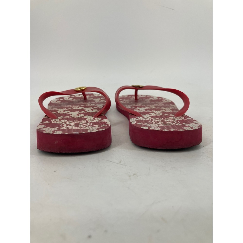 Tory Burch Flip Flops Womens Red White Excellent Floral Logo Medallion Sandals 6 - Picture 3 of 8